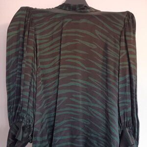 Ganni Cameron Size 38 (US 6 - 8) Black / Green Zebra Print Puff Sleeve Blouse